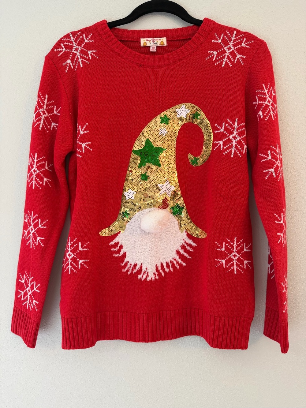 Poof! Red Sweater with Gold Sequin Gnome
